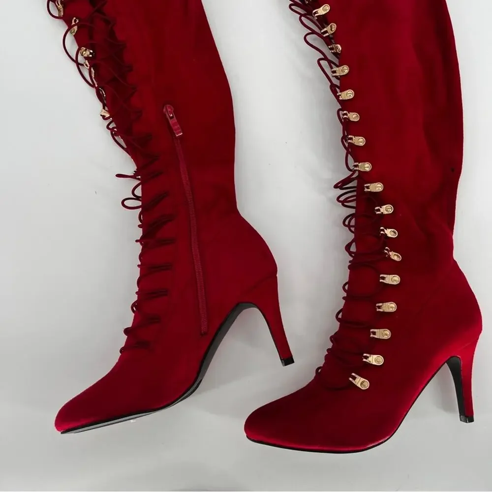 Journee Collection Trill Knee High Boot Red Faux Suede - Size 7